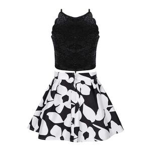 BCX Masy’s Girls 2-Pc Scalloped Top & Floral-Print Skirt Set Sz 14 Black White